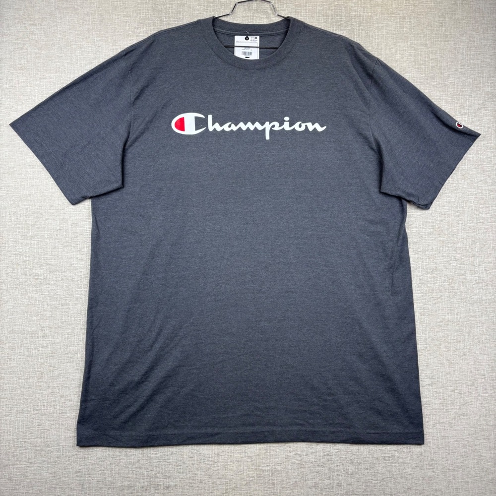 Champion Mens 3XT Heather Charcoal Grey Script Logo Short Sleeve Graphic T-Shirt